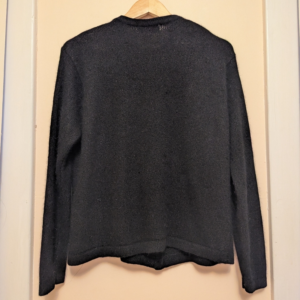 Vintage Black Knit Silk Angora Blend Sweater Cardigan Beaded Flowers Large - Picture 3 of 14